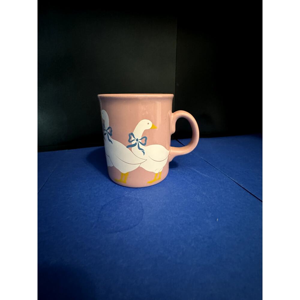 Vintage 1980s Geese with Blue Ribbons Pink Coffee Mug Made in England